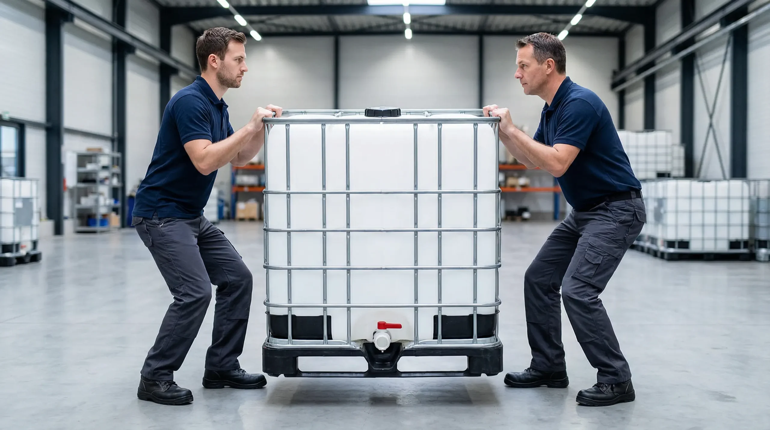 Dva radnika nose prazan IBC kontejner 1000L - demonstracija lake manipulacije bez viljuškara