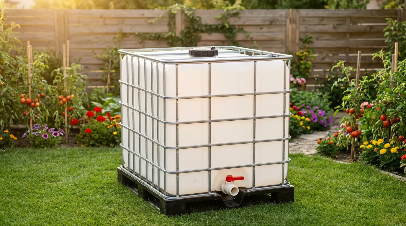 Cisterna za vodu 1000L IBC kontejner u bašti - idealno rešenje za navodnjavanje i sakupljanje kišnice