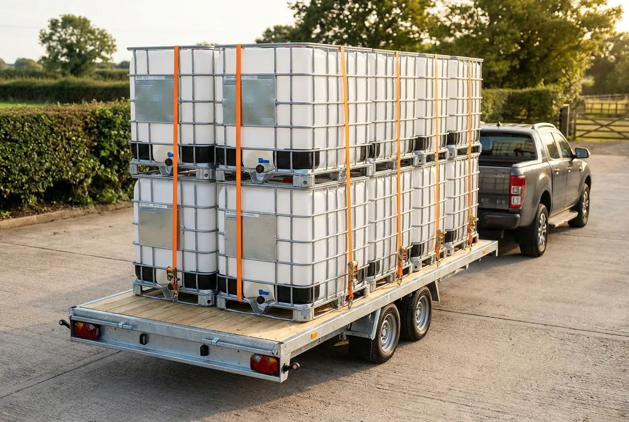 Utovareni IBC kontejneri na prikolici, poređani u dva reda